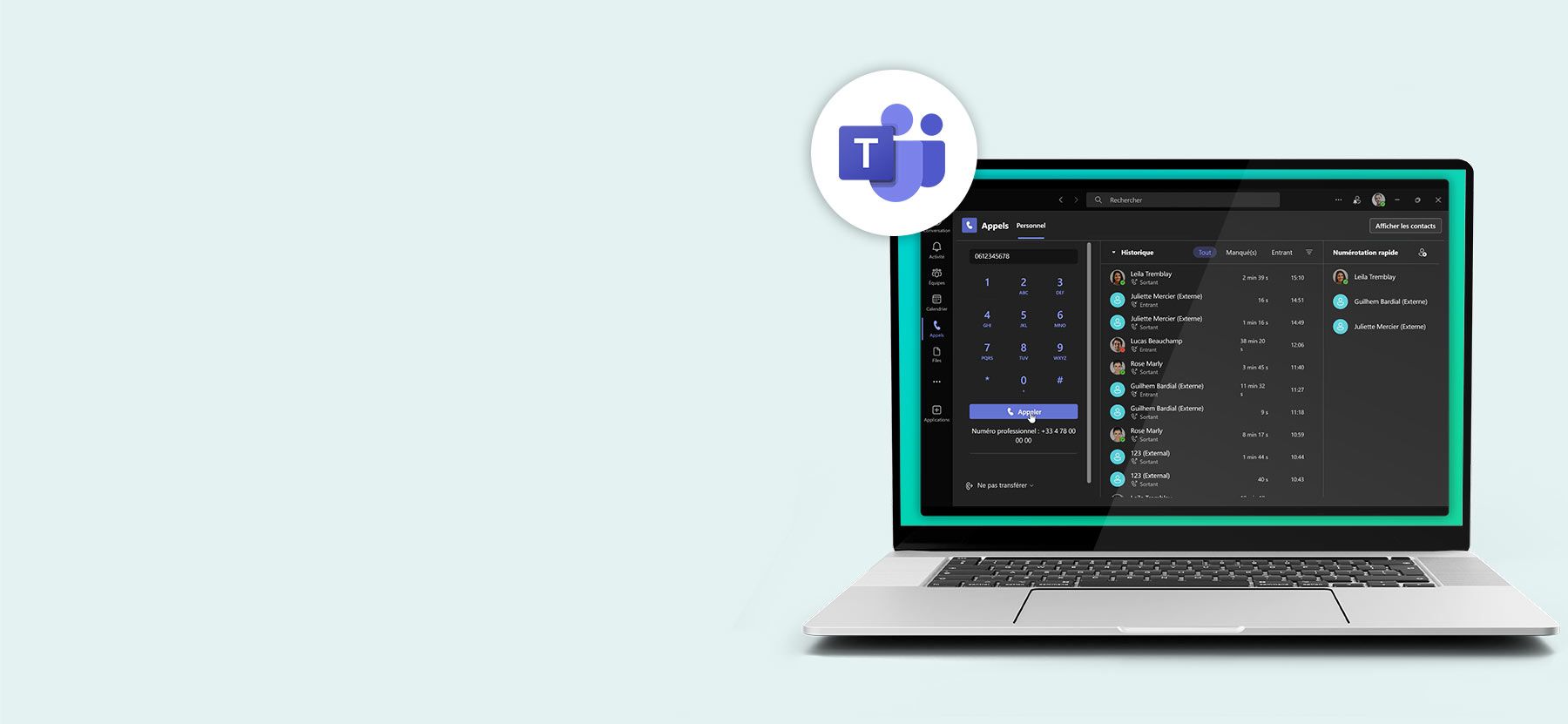 Fenêtre Microsoft Teams affichant les fonctionnalités liées à la gestion des appels externes grâce à l'intégration Tel4b