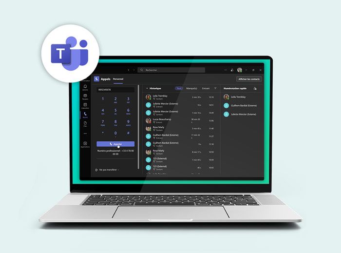 Fenêtre Microsoft Teams affichant les fonctionnalités liées à la gestion des appels externes grâce à l'intégration Tel4b