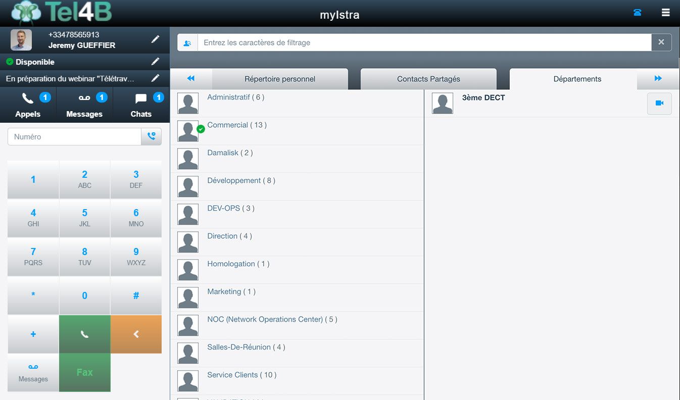 L'application desktop Tel4B regroupe les contacts à l'intérieur des différents services de l'entreprise